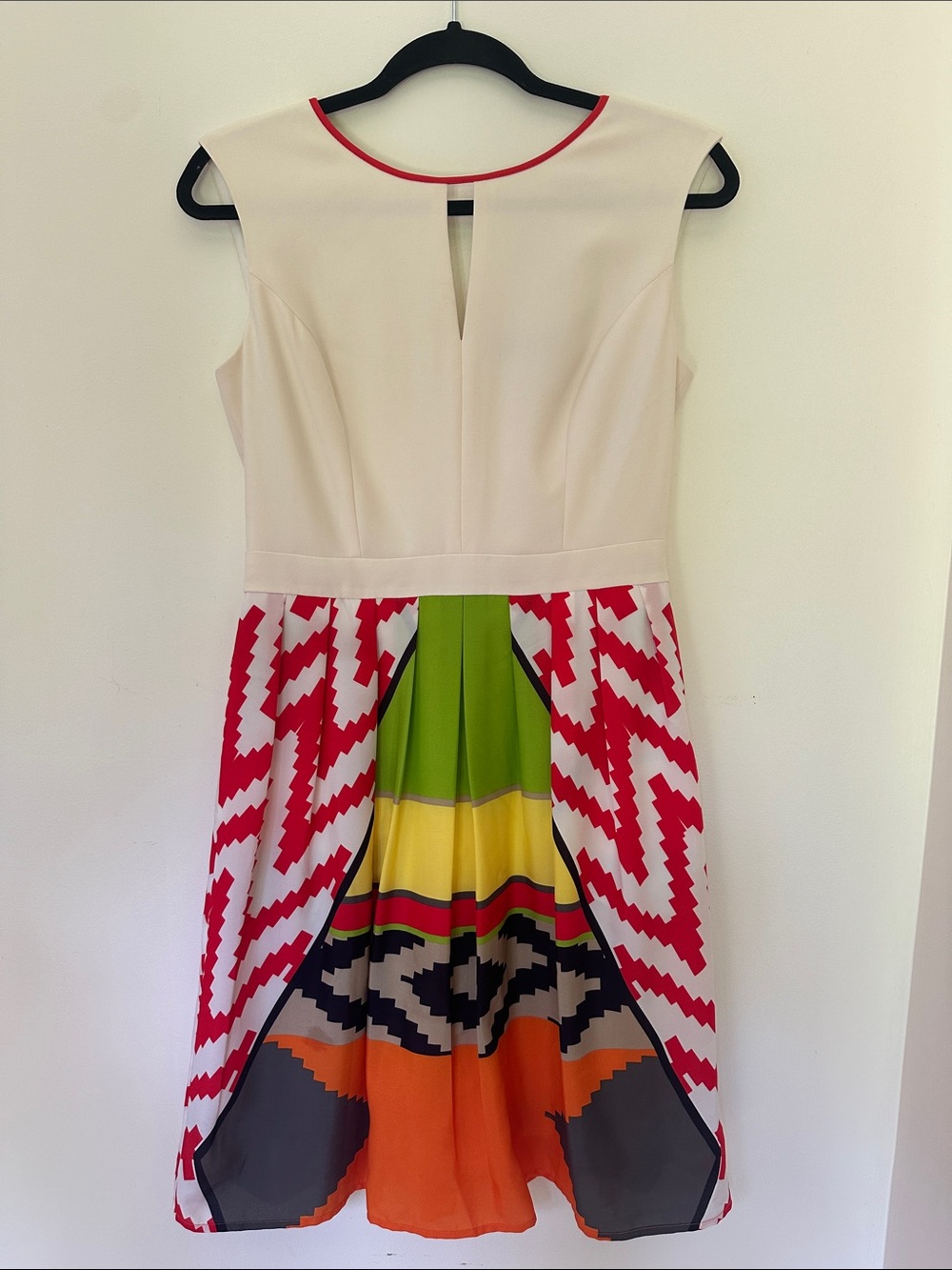 Ellen Tracy White Bodice Multicolor Geometric Fit-and-Flare Dress